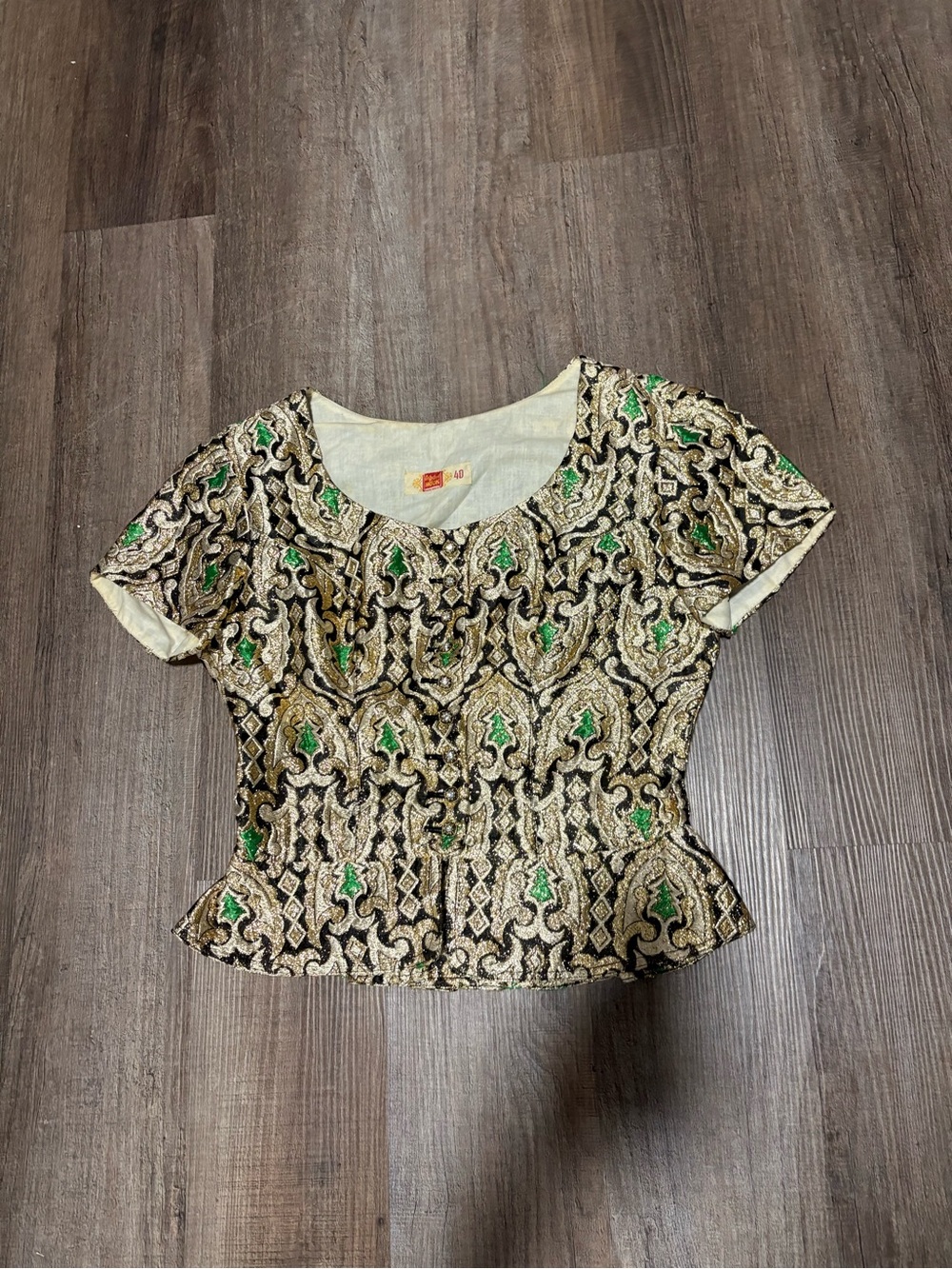 Vintage Short Sleeve Peplum Top - Green, Gold & Black